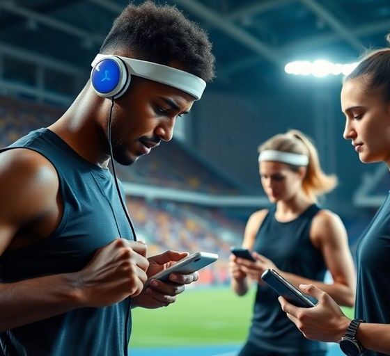 Athletes training with wearable technology in a vibrant stadium.