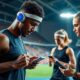 Athletes training with wearable technology in a vibrant stadium.