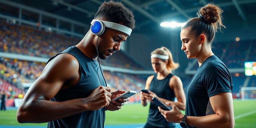 Athletes training with wearable technology in a vibrant stadium.