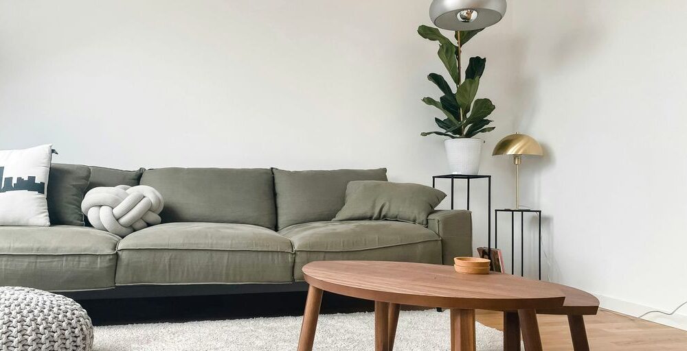 gray 2 seat sofa near brown wooden coffee table