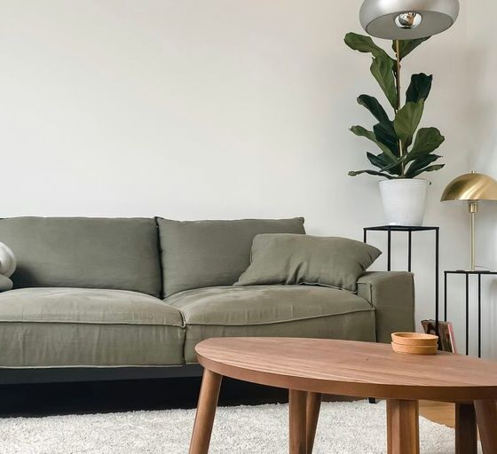 gray 2 seat sofa near brown wooden coffee table