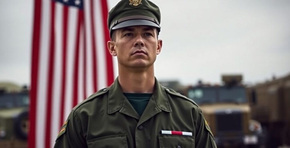 Military member in uniform with American flag backdrop.