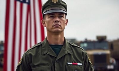 Military member in uniform with American flag backdrop.