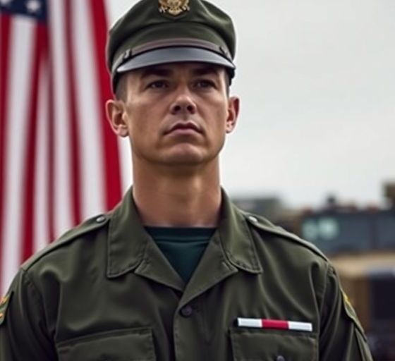 Military member in uniform with American flag backdrop.