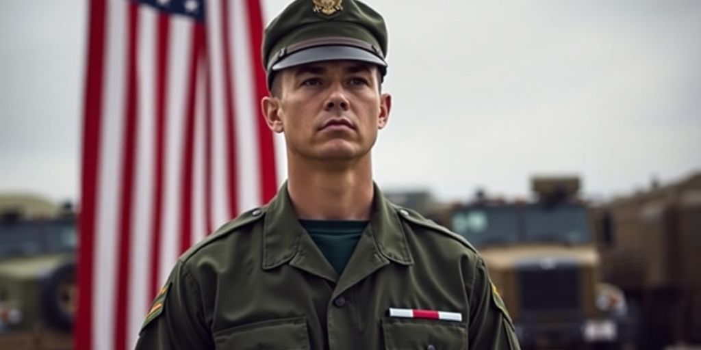 Military member in uniform with American flag backdrop.