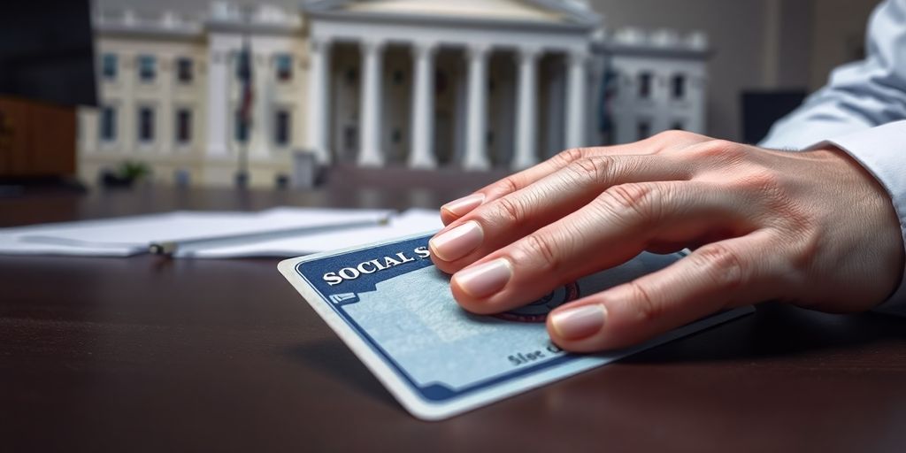 Close-up of a Social Security card and concerned person.