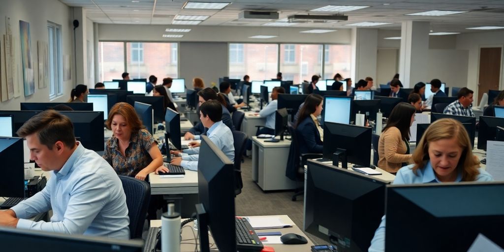 Federal employees working together in an office environment.