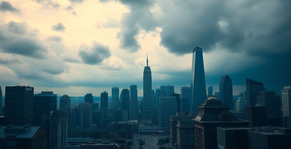 Financial district skyline under stormy clouds.