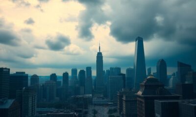 Financial district skyline under stormy clouds.