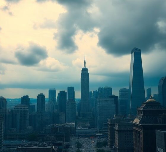 Financial district skyline under stormy clouds.