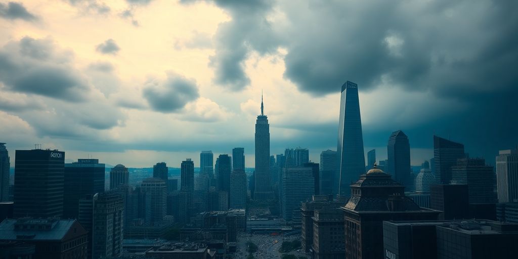 Financial district skyline under stormy clouds.