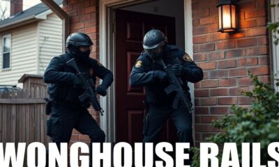 Police raid on a house, showcasing urgency and tension.