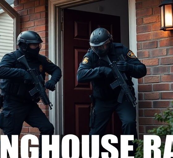 Police raid on a house, showcasing urgency and tension.