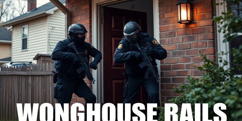 Police raid on a house, showcasing urgency and tension.