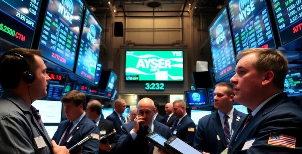Traders on the stock floor during an economic announcement.