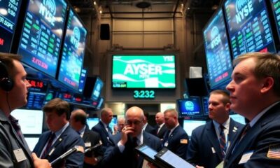 Traders on the stock floor during an economic announcement.