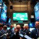 Traders on the stock floor during an economic announcement.