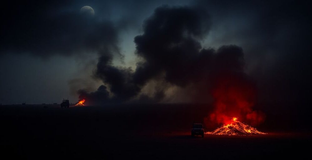 Landscape with smoke and chemical symbols, depicting threats.
