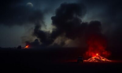 Landscape with smoke and chemical symbols, depicting threats.