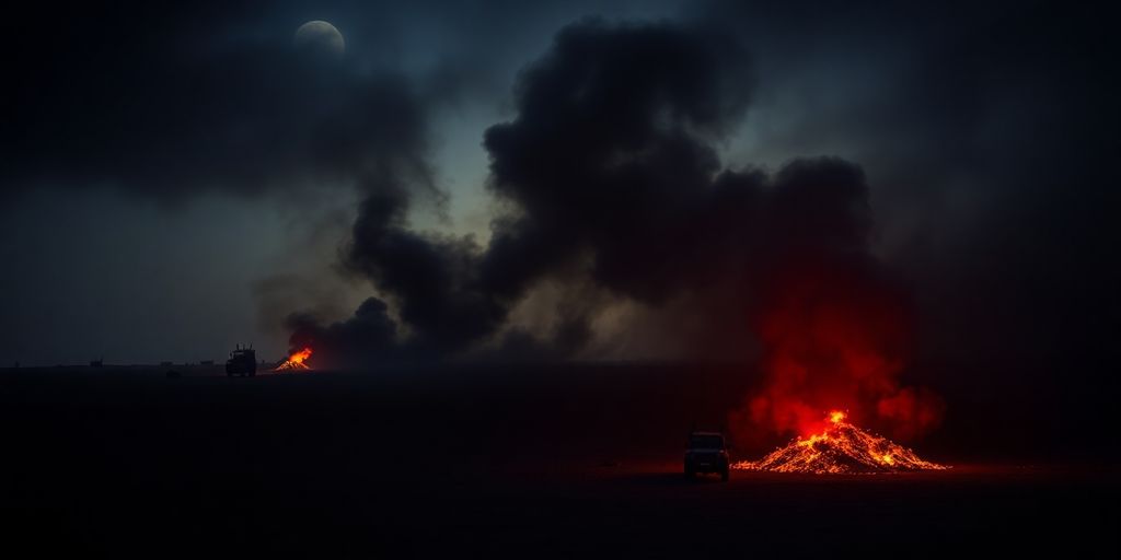 Landscape with smoke and chemical symbols, depicting threats.