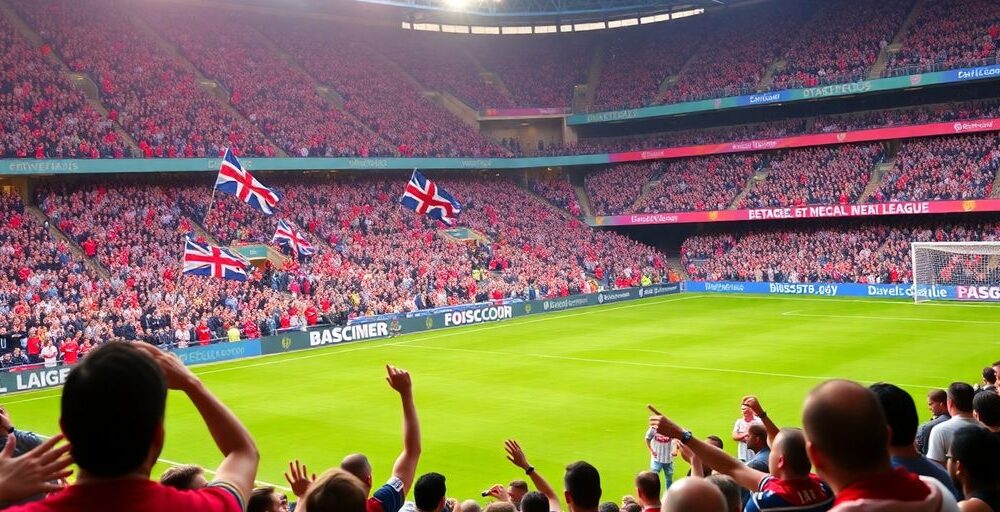 Fans cheering during an English Premier League match.