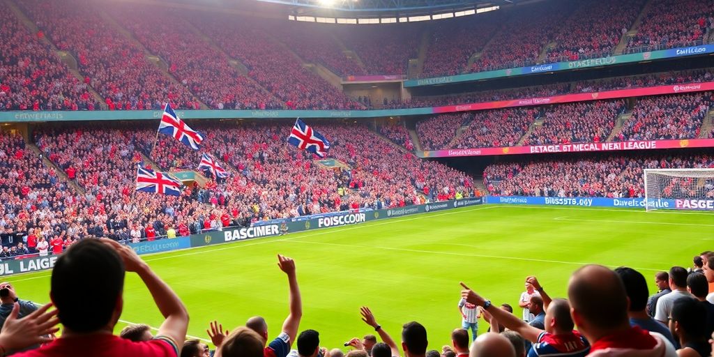 Fans cheering during an English Premier League match.