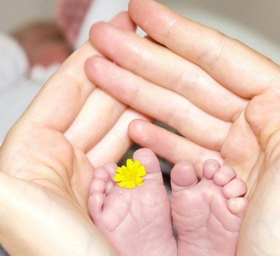 person holding baby's toe with yellow petaled flower in between