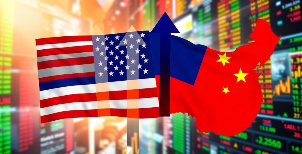 Colorful flags and arrows depicting US-China tariff cuts impact.
