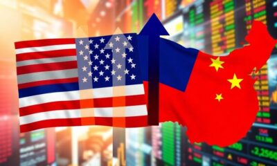 Colorful flags and arrows depicting US-China tariff cuts impact.