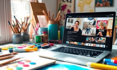 Colorful workspace with art supplies and a laptop.