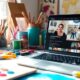 Colorful workspace with art supplies and a laptop.