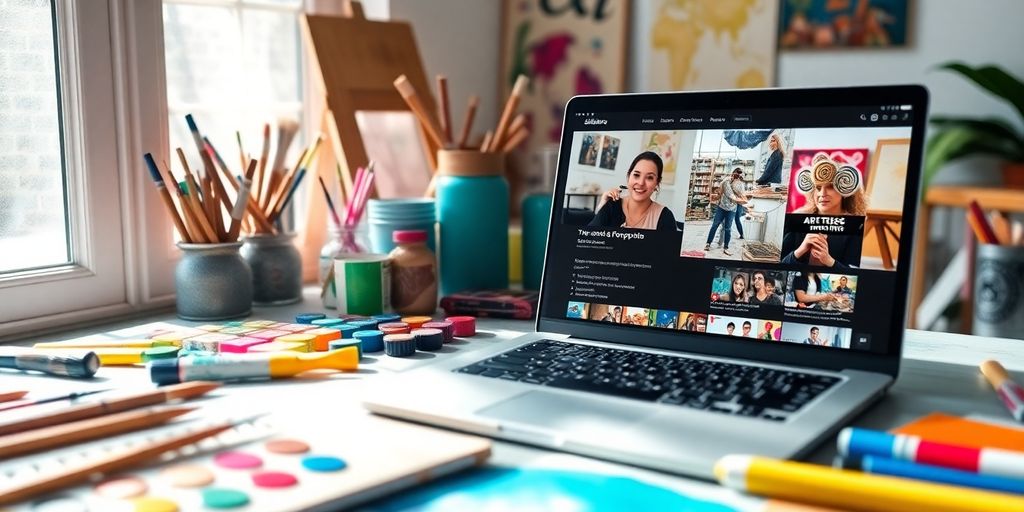 Colorful workspace with art supplies and a laptop.