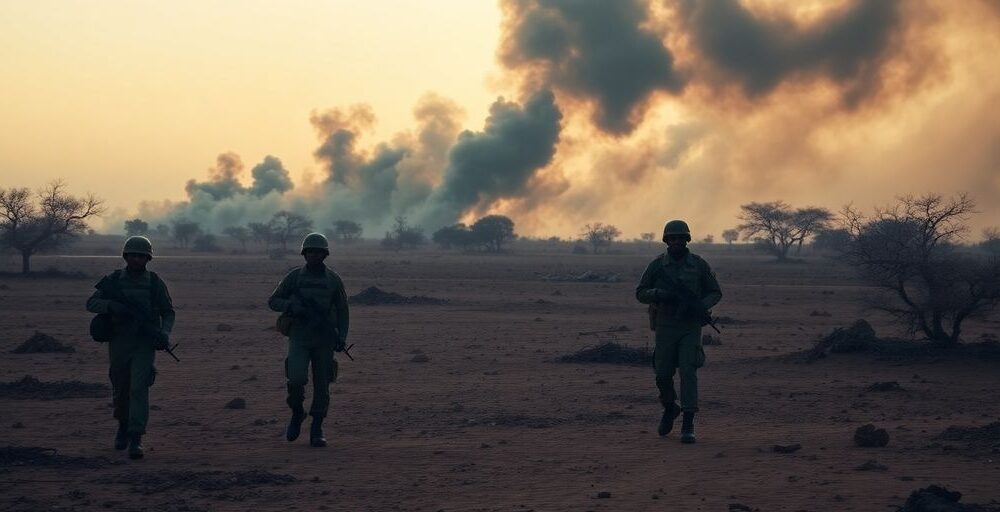 Sudanese soldiers in a war-torn landscape amidst conflict.