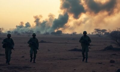 Sudanese soldiers in a war-torn landscape amidst conflict.