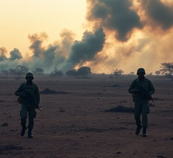 Sudanese soldiers in a war-torn landscape amidst conflict.
