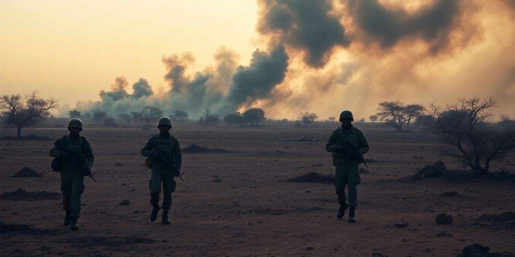 Sudanese soldiers in a war-torn landscape amidst conflict.