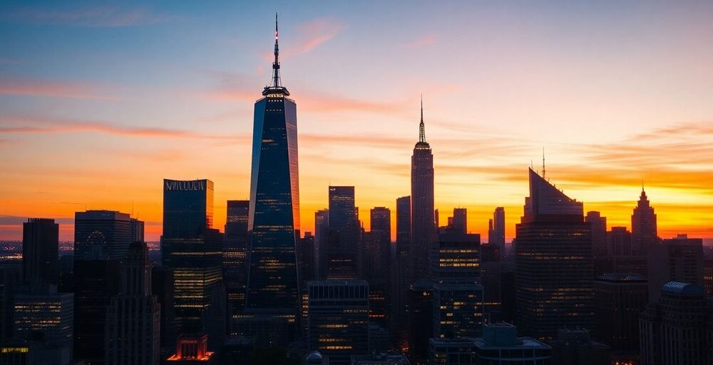 City skyline at sunset reflecting strength and resilience.