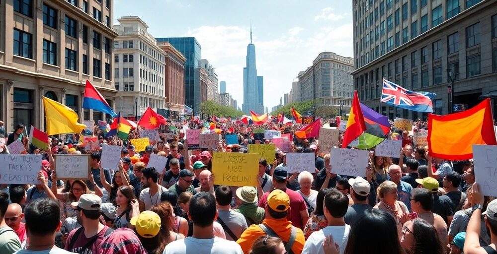 Crowd of diverse protesters in an urban setting.