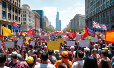 Crowd of diverse protesters in an urban setting.