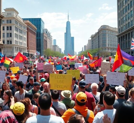 Crowd of diverse protesters in an urban setting.