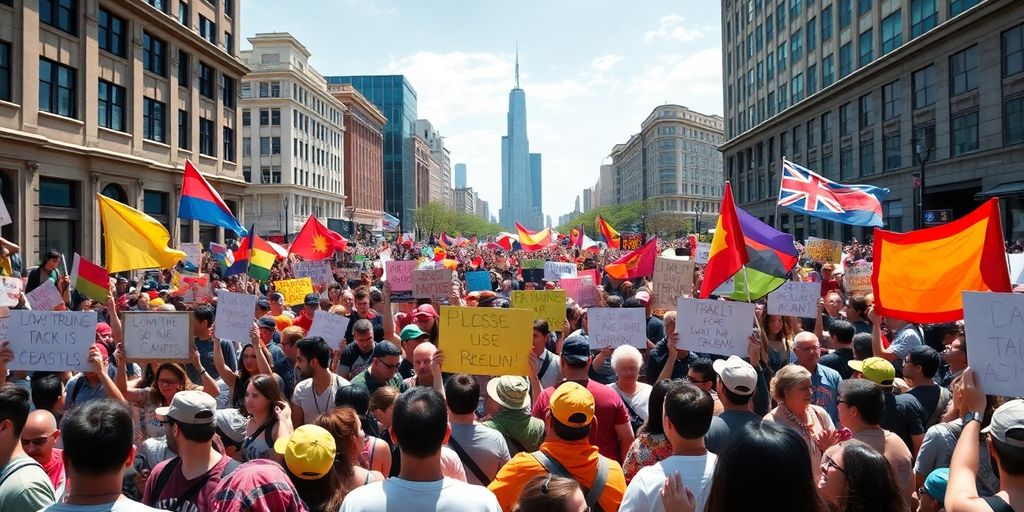 Crowd of diverse protesters in an urban setting.