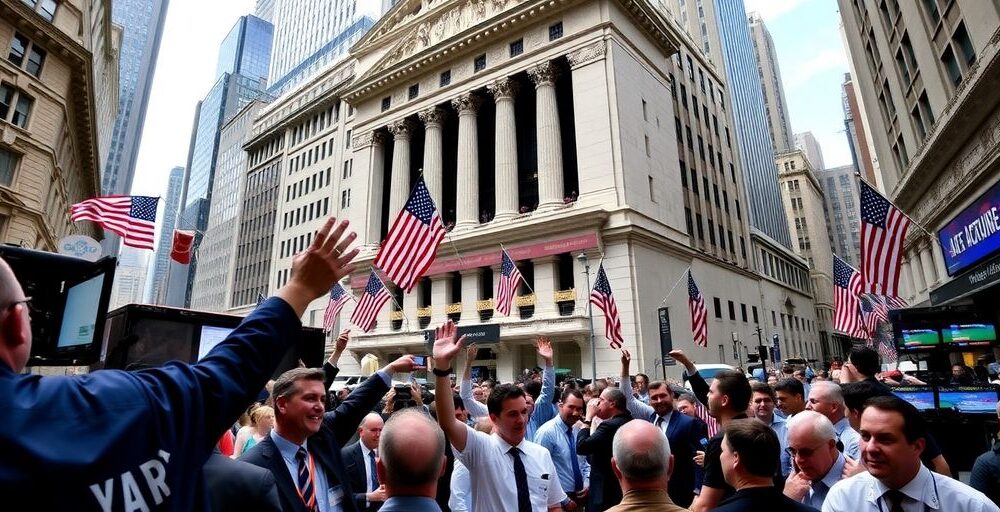 Wall Street traders celebrating amidst a vibrant market atmosphere.