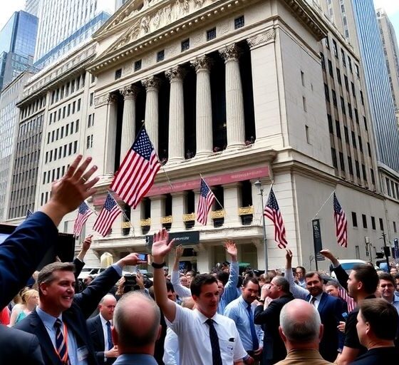 Wall Street traders celebrating amidst a vibrant market atmosphere.