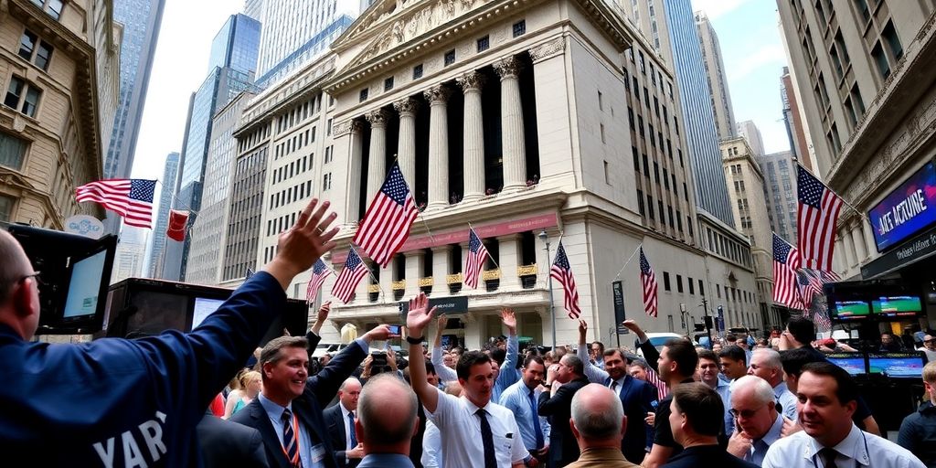 Wall Street traders celebrating amidst a vibrant market atmosphere.