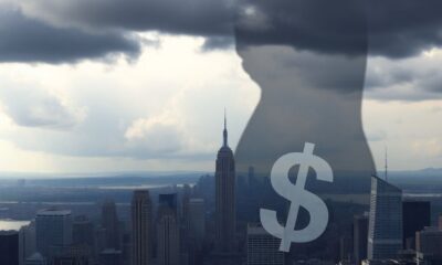 Stormy skyline with dollar sign shadow depicting financial instability.