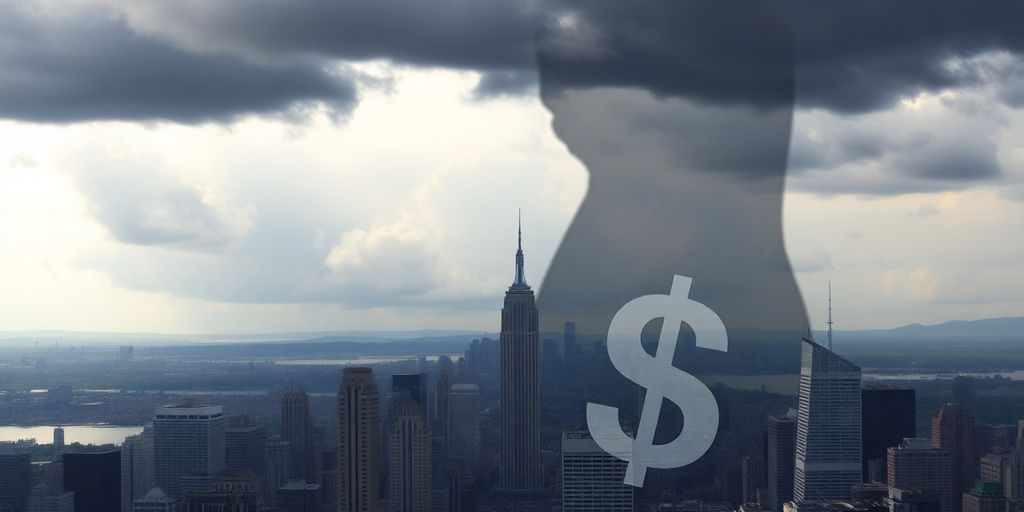 Stormy skyline with dollar sign shadow depicting financial instability.