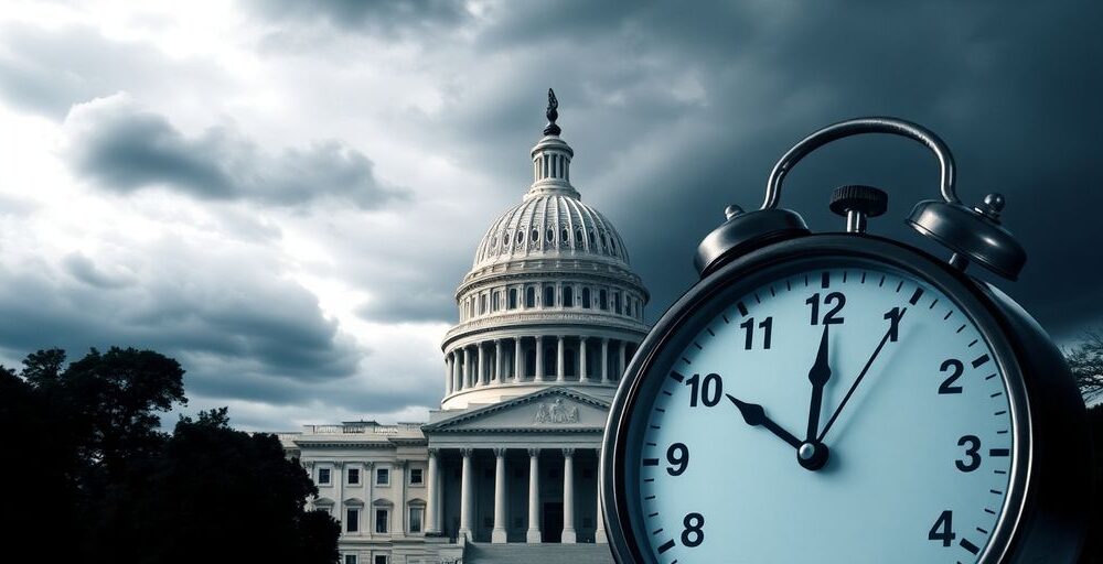 U.S. Capitol building with dark clouds and urgency.