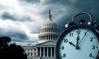 U.S. Capitol building with dark clouds and urgency.