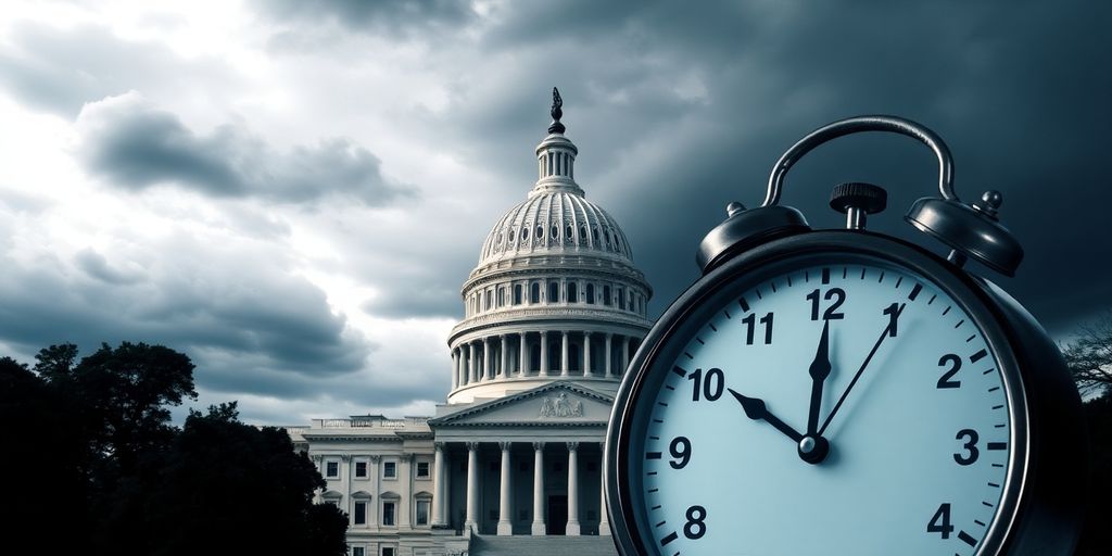 U.S. Capitol building with dark clouds and urgency.