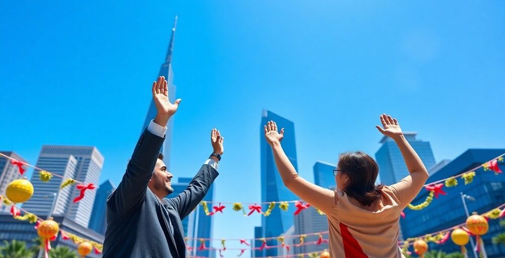 Celebrating traders with skyline backdrop signifying positive trade talks.